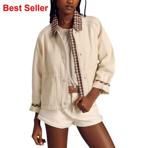 Cropped Bomber Jacket Plaid Design Zip-Up Casual Fall Coat with Pockets